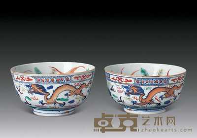 清光绪 青花加彩龙纹碗(一对) 直径11cm